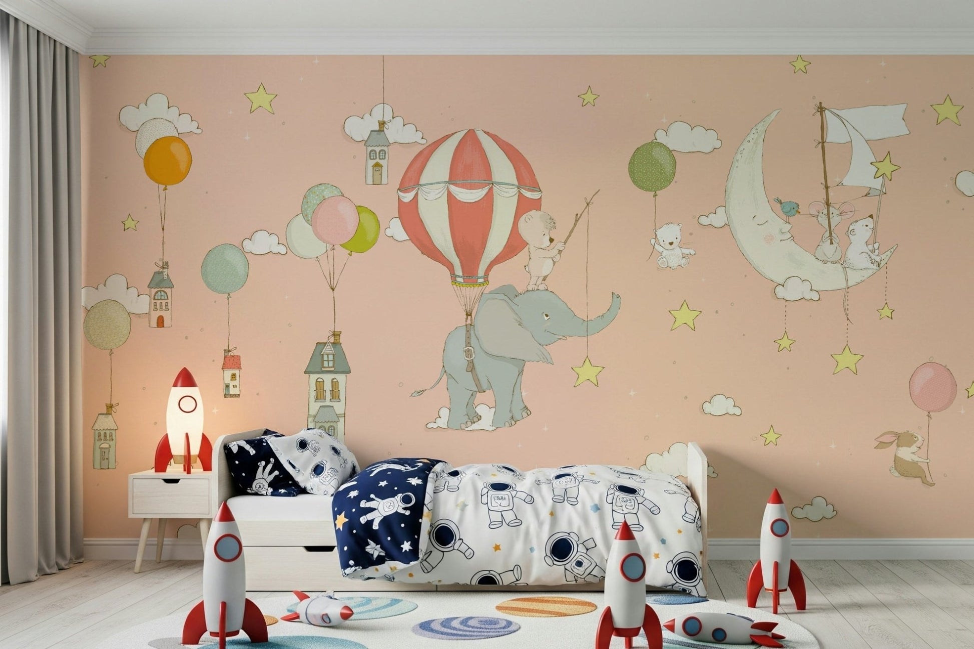 A peaceful cosmic abstract mural on decorative wallpaper.