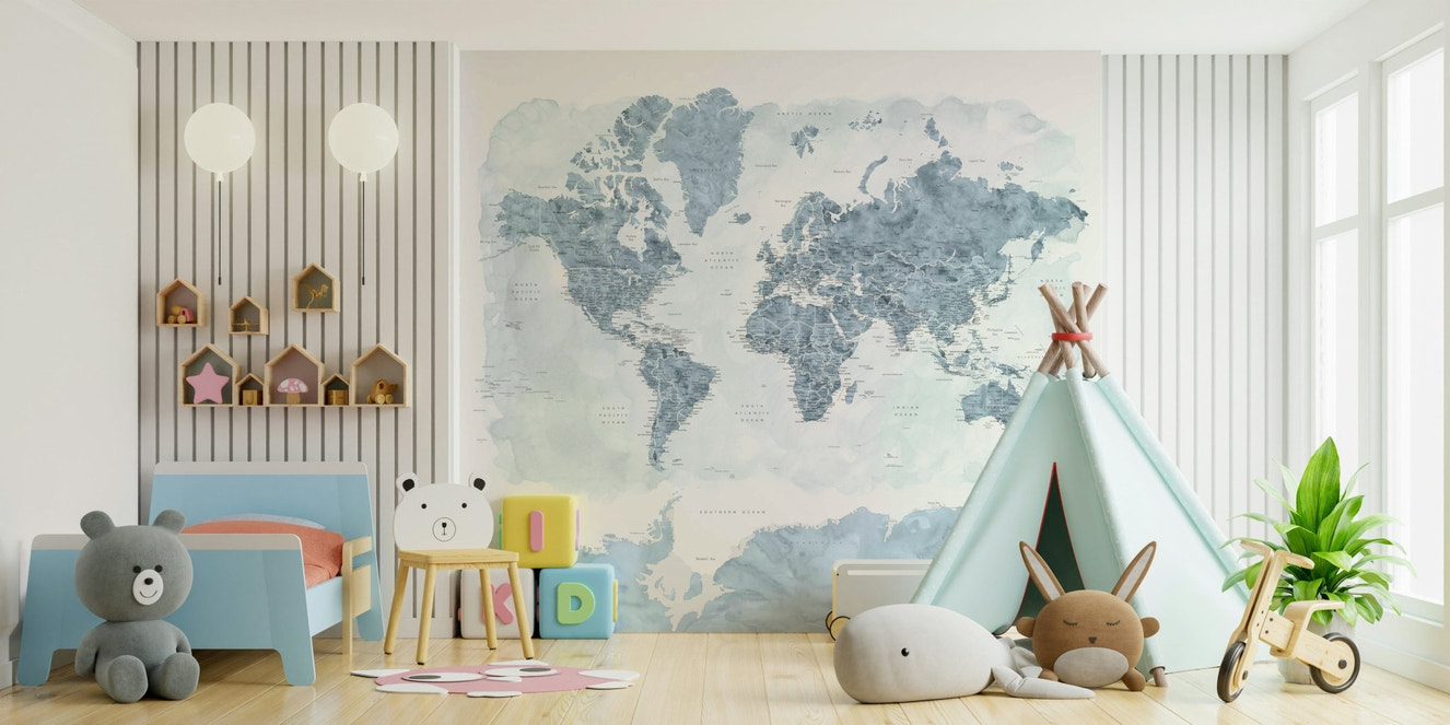 Steel blue watercolor world map wallpaper

