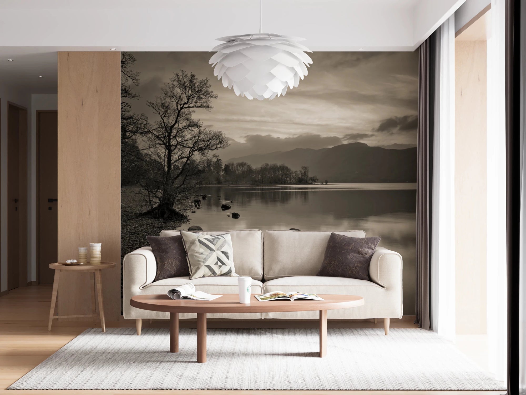 Living room with Still Lake at Dusk wall mural and calm water, GD8747