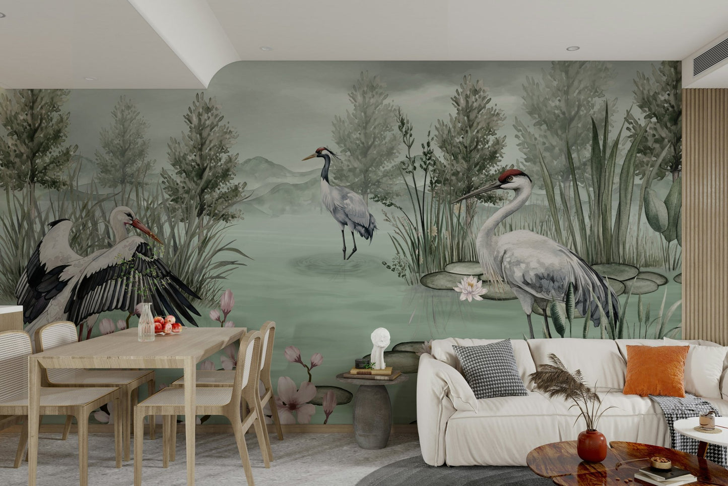 Delicate, blossoming flowers grow near the water's edge.

