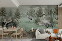 Delicate, blossoming flowers grow near the water's edge.

