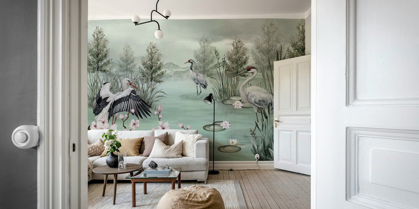 An elegant wall mural with a peaceful water scene.

