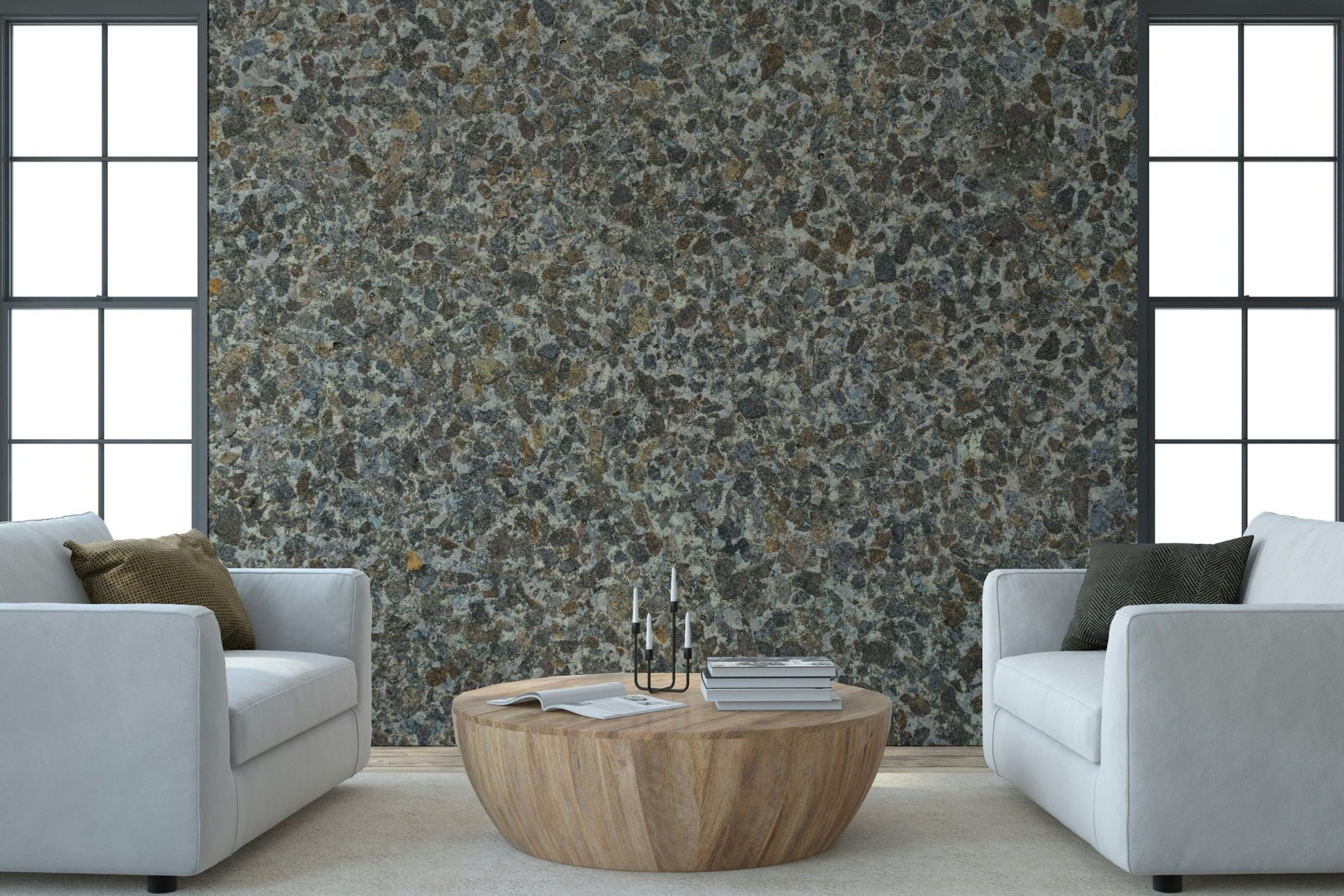 Stone aggregate wallpaper mural behind a minimalist sofa., GD6052