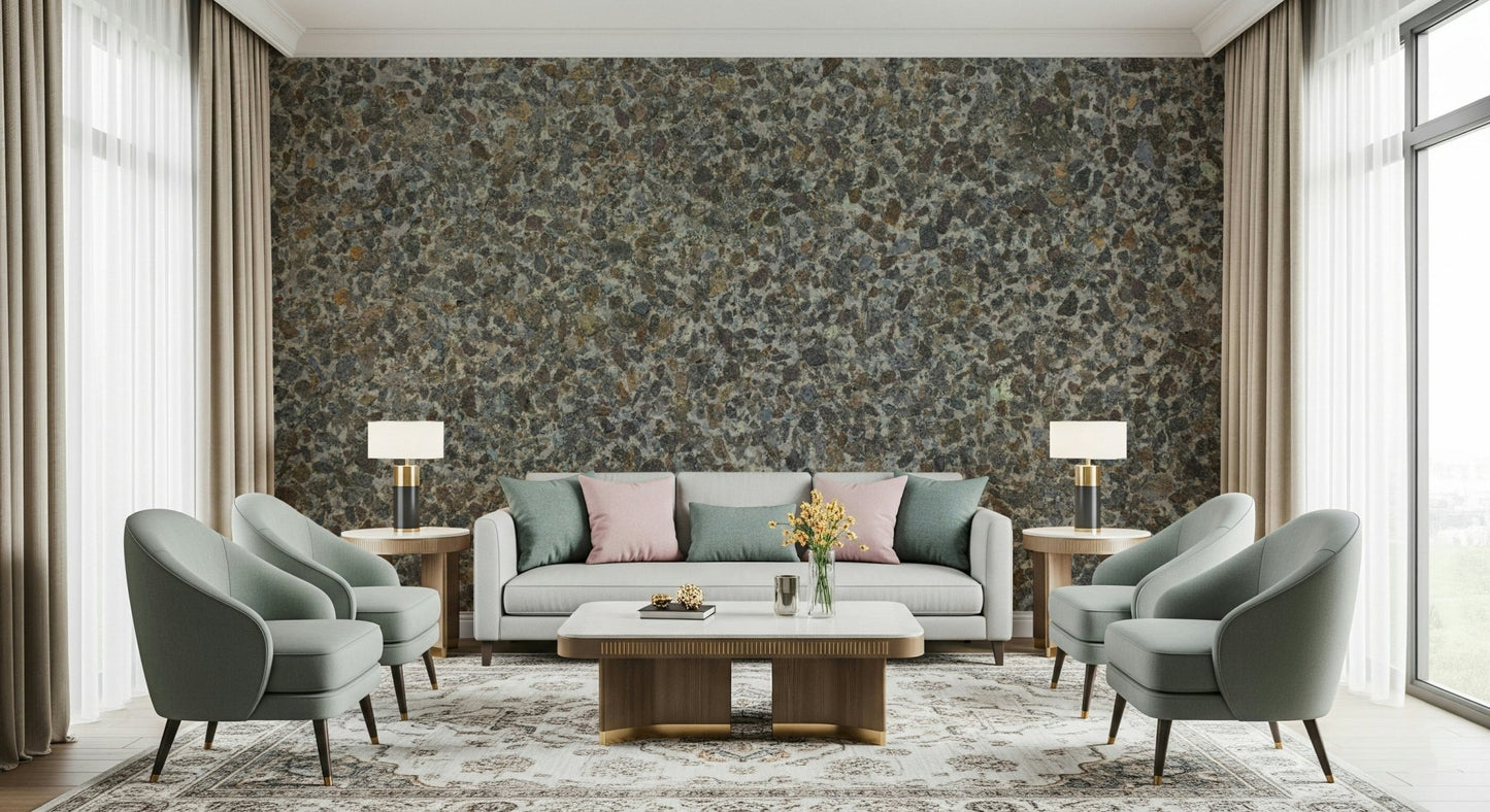 Close-up of aggregate stone mural's detailed texture., GD6052