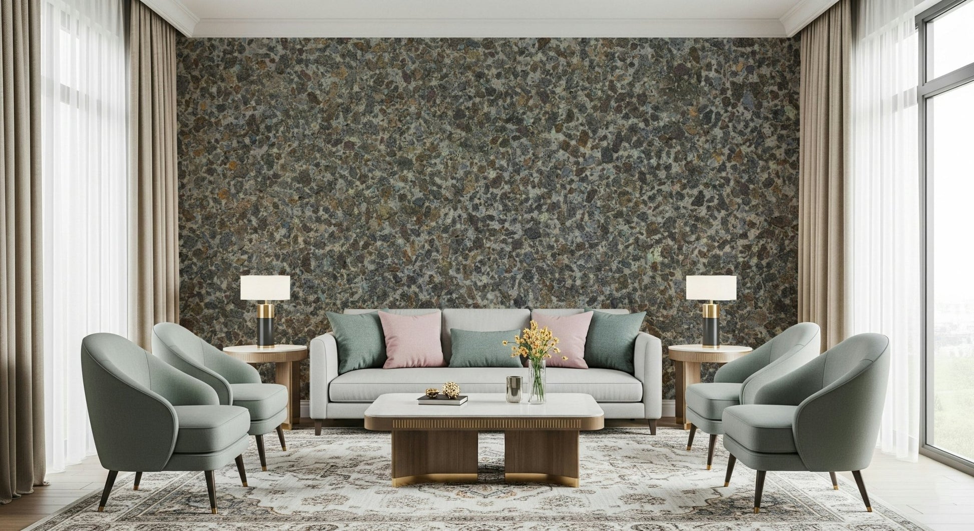Close-up of aggregate stone mural's detailed texture., GD6052