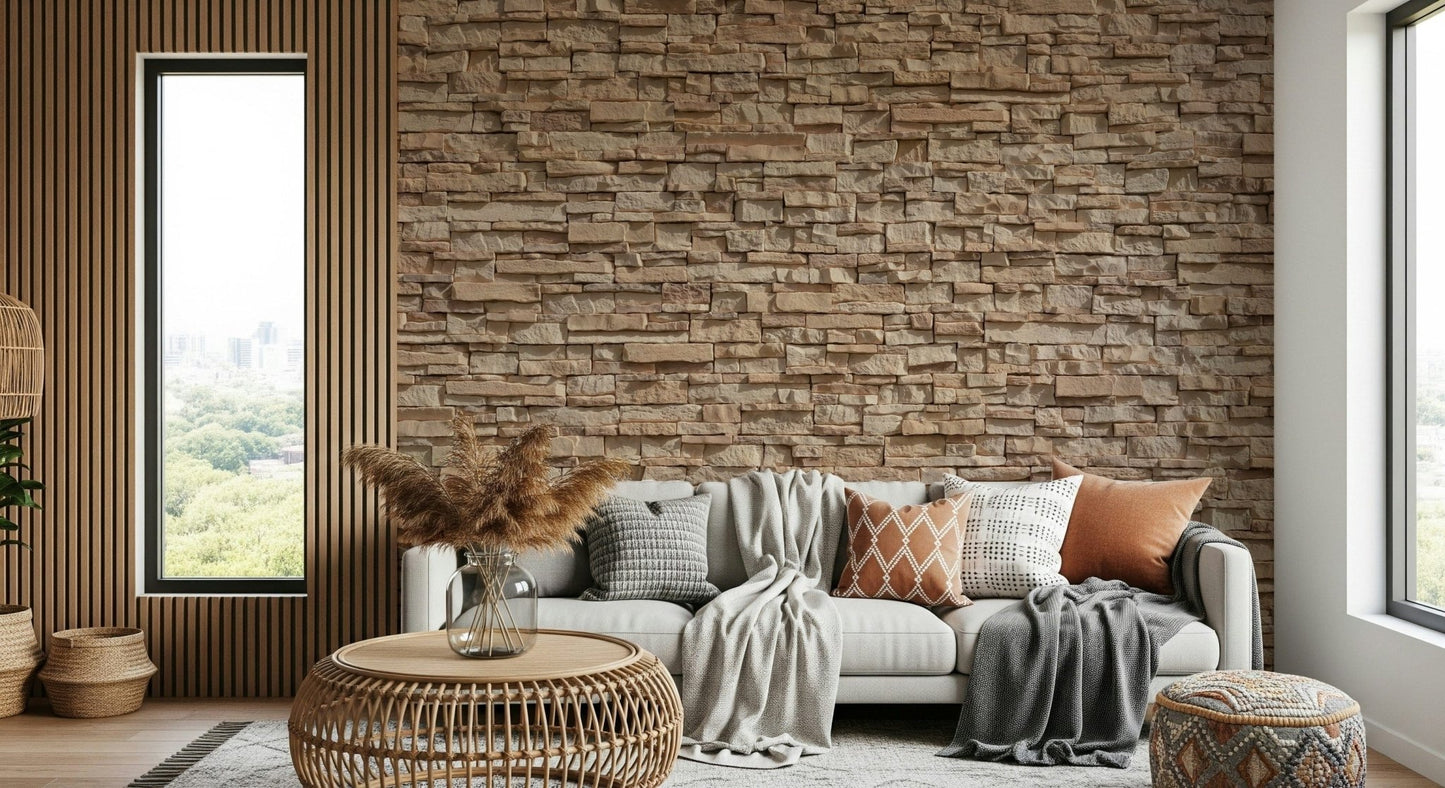 Modern fireplace with stone cladding illusion wall mural.