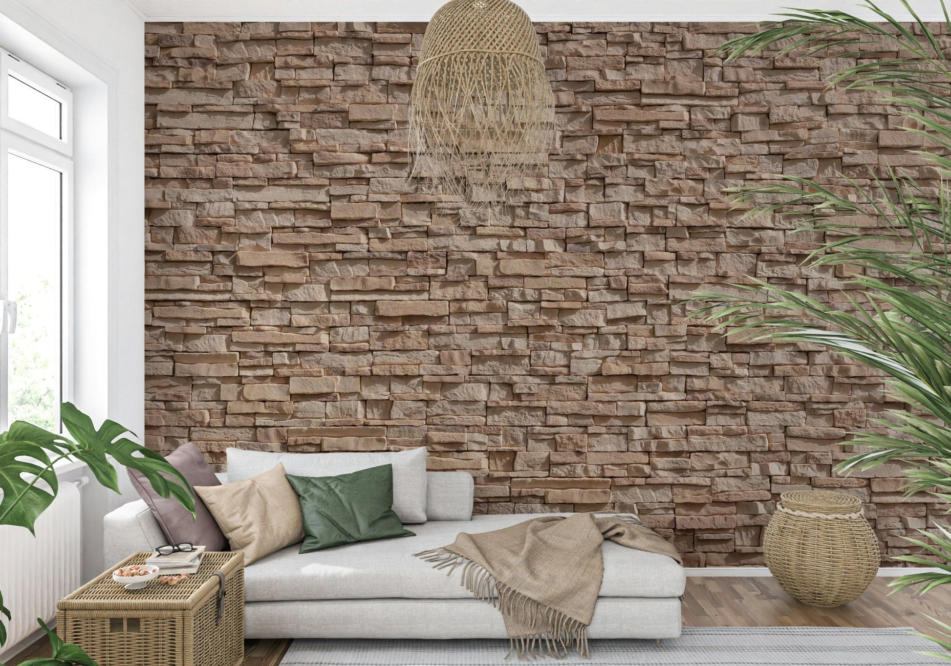 Full view of stone cladding illusion accent wall.