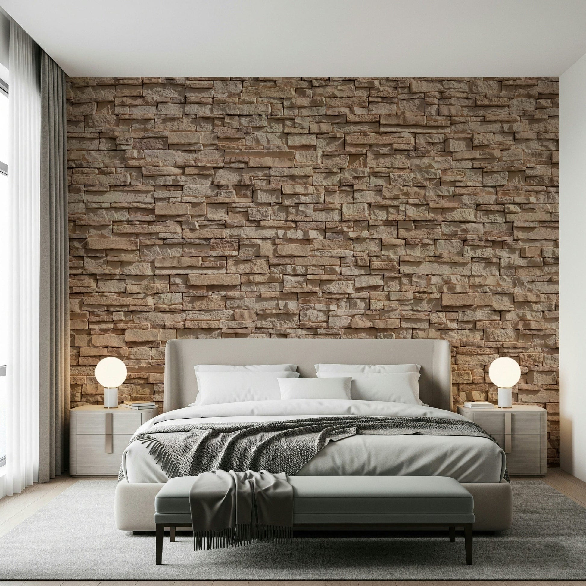 Rustic office space with stone cladding illusion wall.