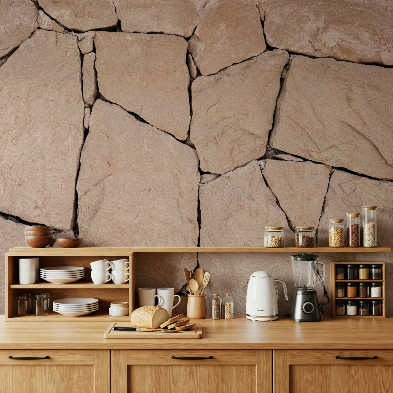Full living room featuring the rustic Stone Cladding Texture Wall Mural.