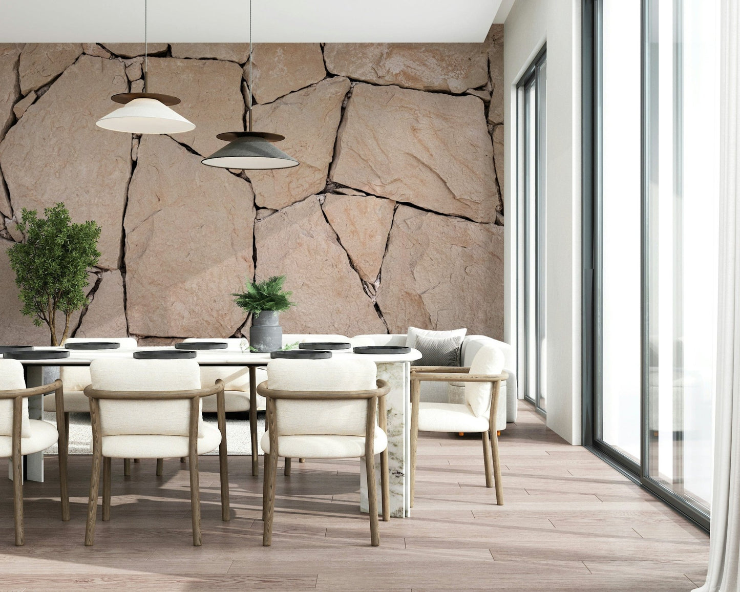 Entryway accent wall with the textured Stone Cladding peel and stick wallpaper., GD6150