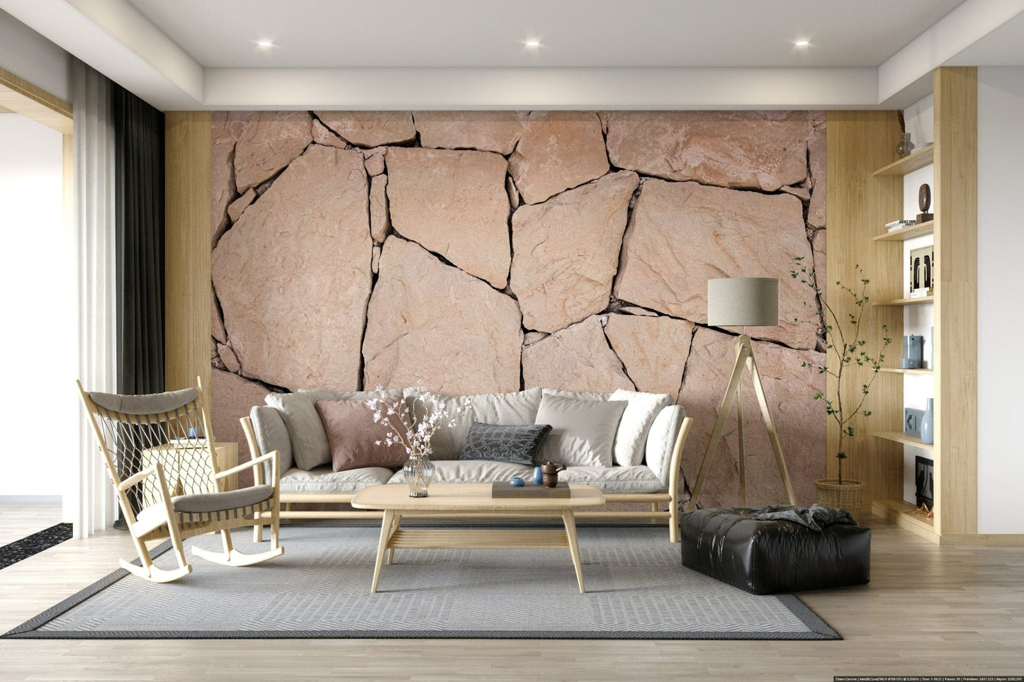 Contemporary furniture styled against the Stone Cladding wallpaper., GD6150