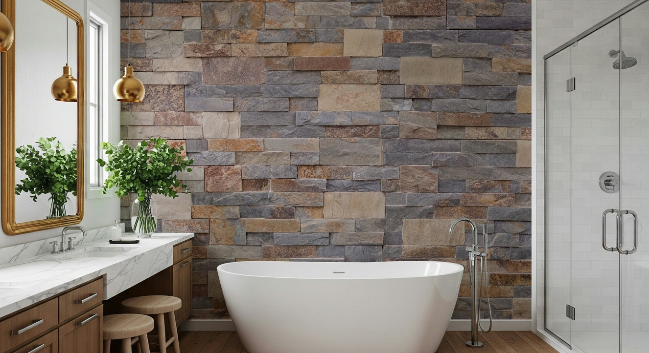 Stone Cladding Wall Mural in a rustic modern living room.