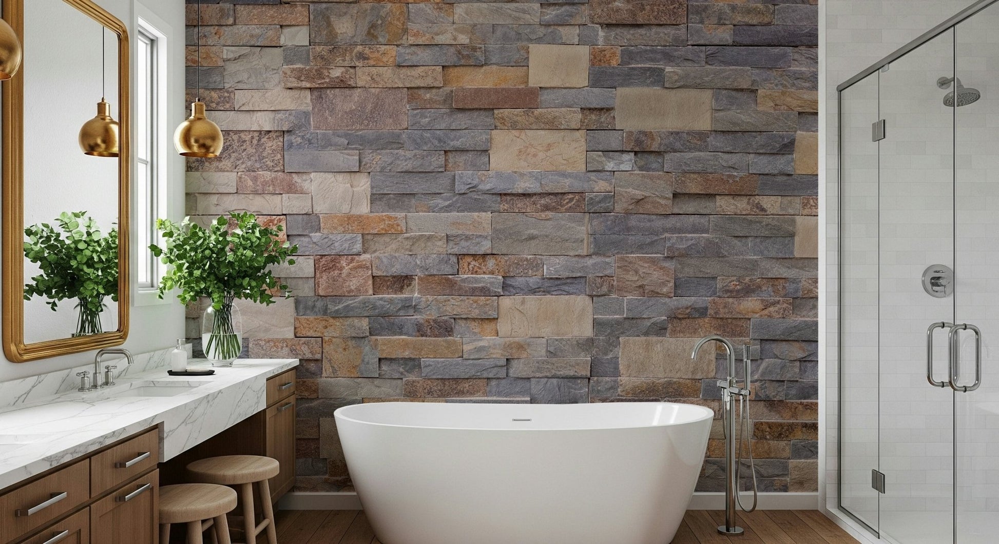 Stone Cladding Wall Mural in a rustic modern living room.