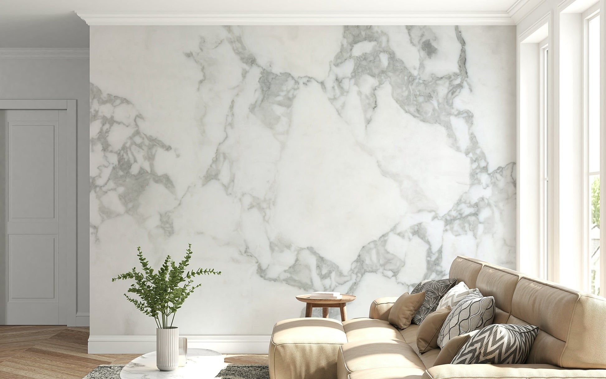 Textured wallpaper for walls behind a sleek fireplace.