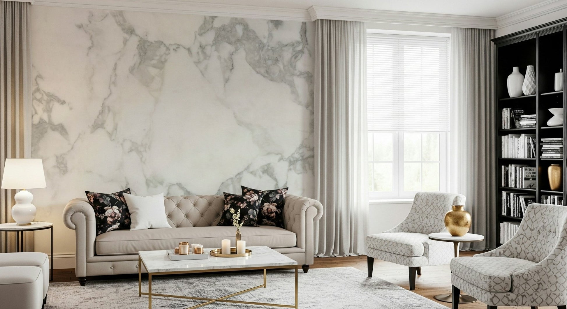 Architectural wallpaper for walls in a rustic living room.