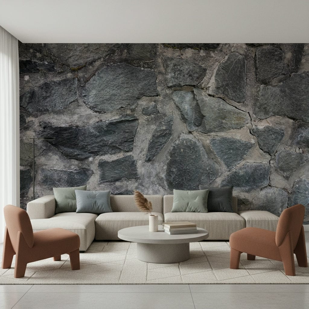 Realistic stone wallpaper for walls behind a bed.