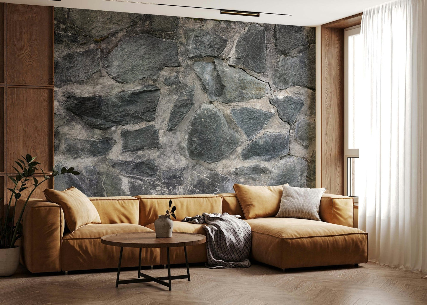 Faux stone wallpaper mural texture detail.
