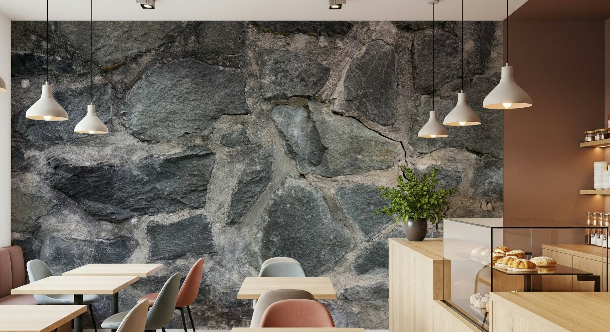 Dramatic dark stone wallpaper mural in a hallway.
