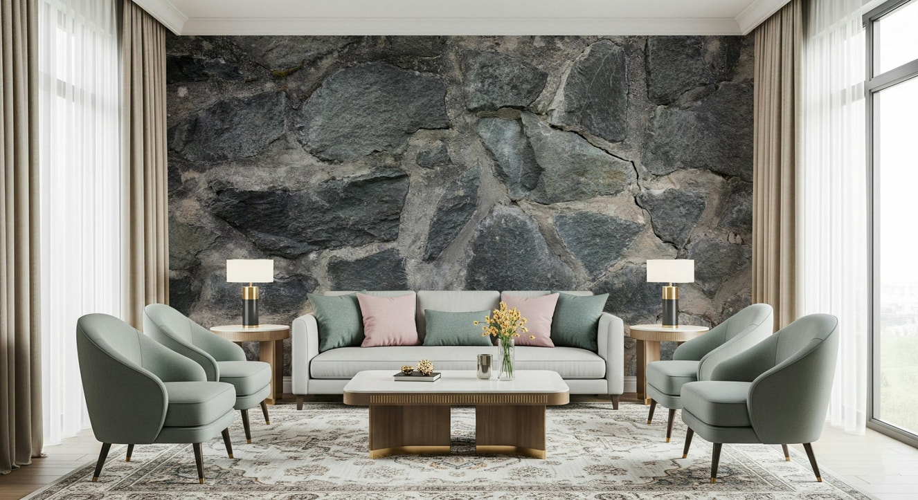 Stone Facade Wall Mural in a modern living room.