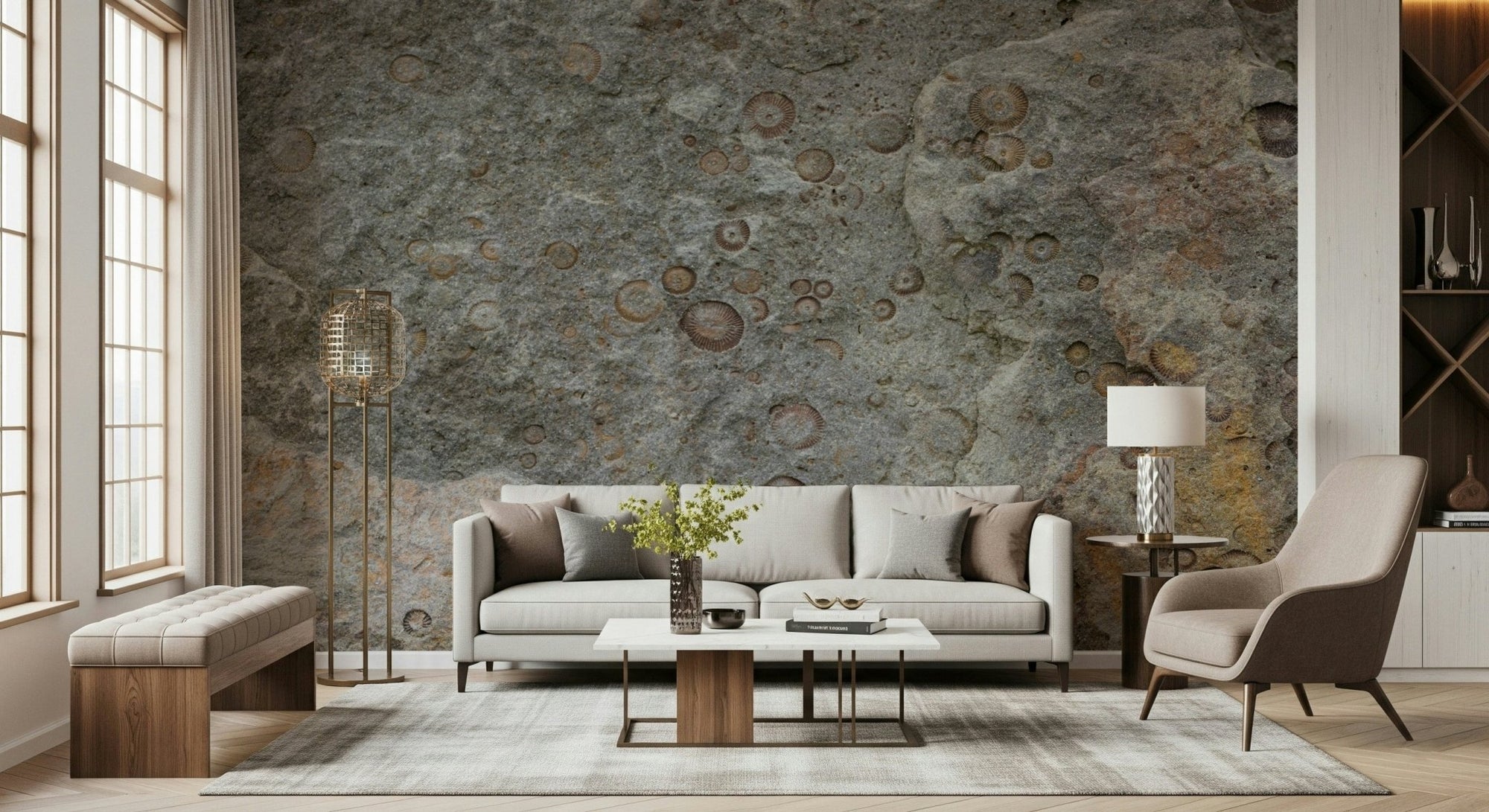 Stone fossil texture wall mural in a modern living room., GD6046