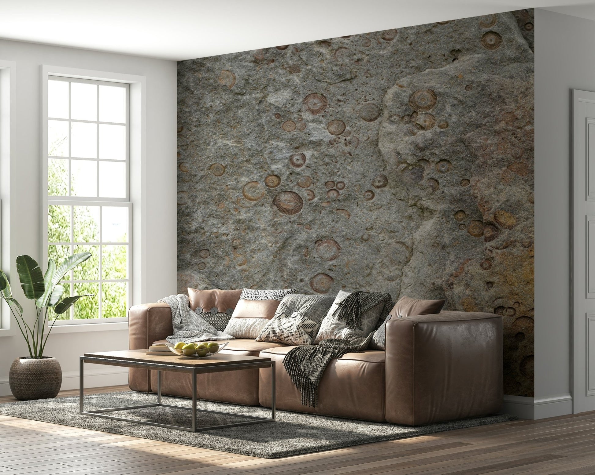 Stone fossil wall mural adding depth to a hallway.