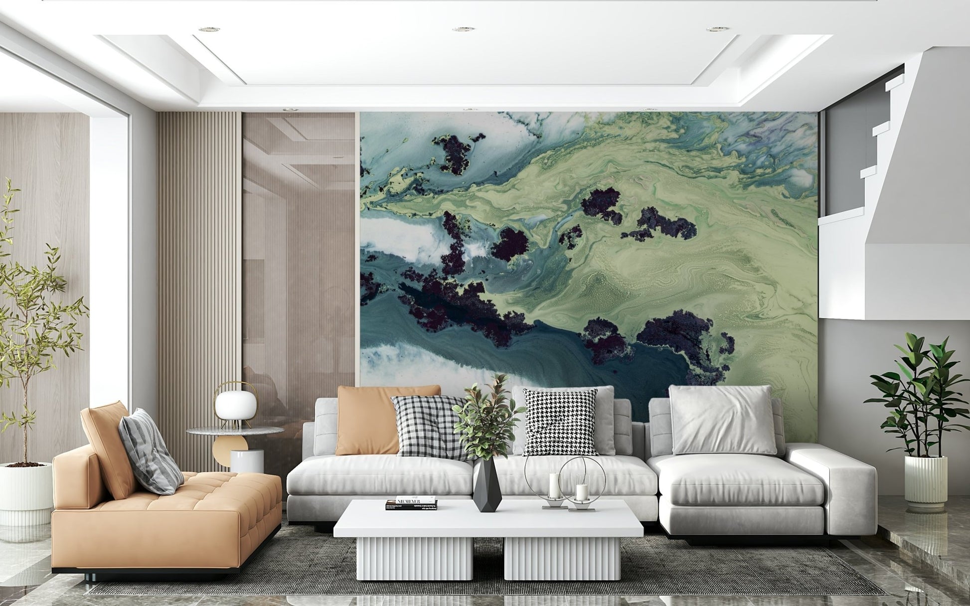 A graceful subtle pattern wall mural in cool, neutral tones.