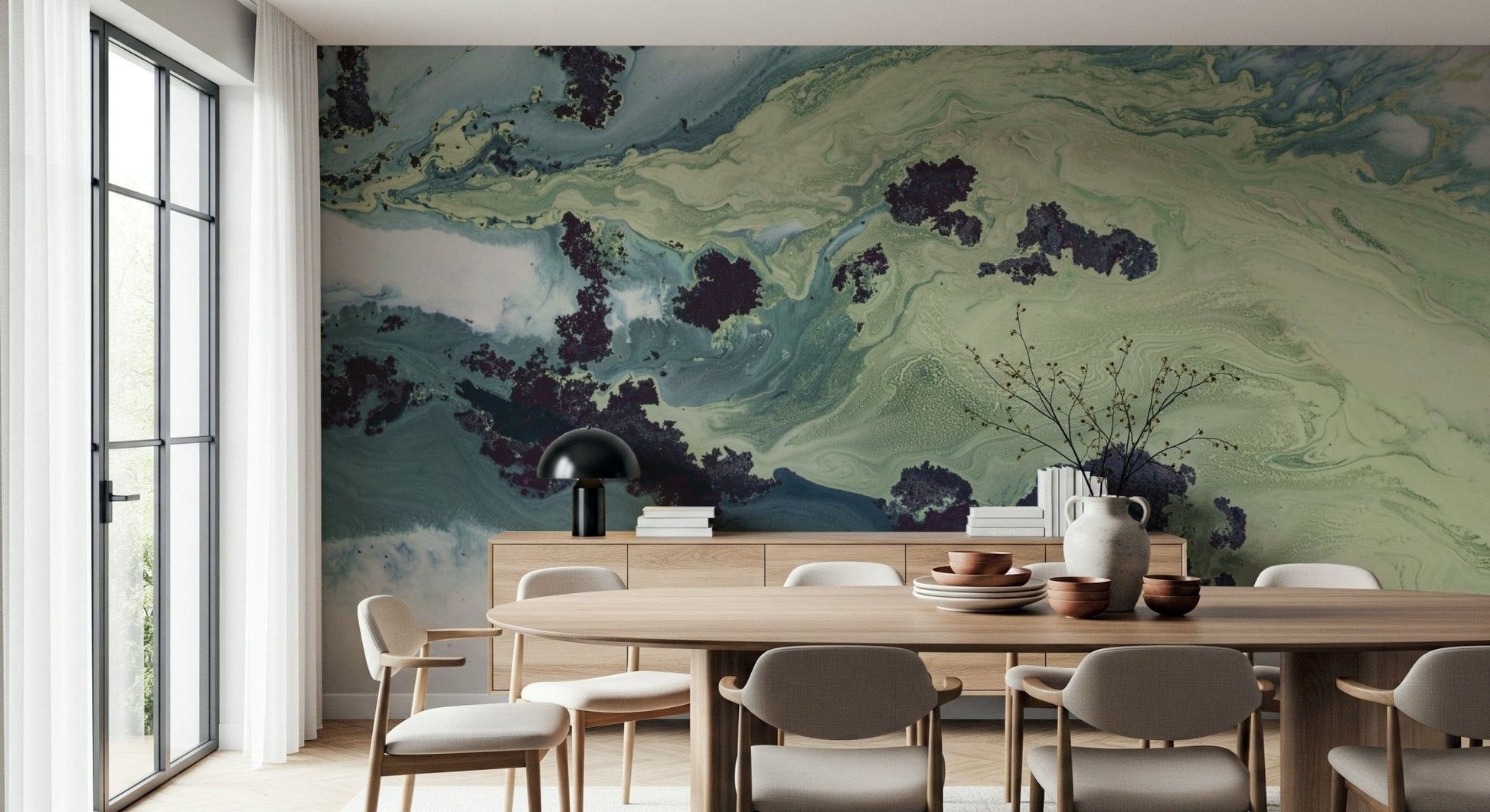 A peaceful modern abstract mural on decorative wallpaper.