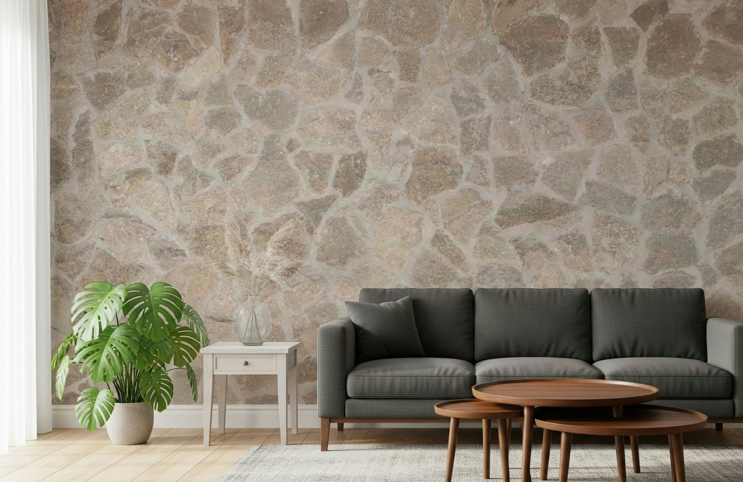 Stone mosaic wall mural in a luxury bathroom.