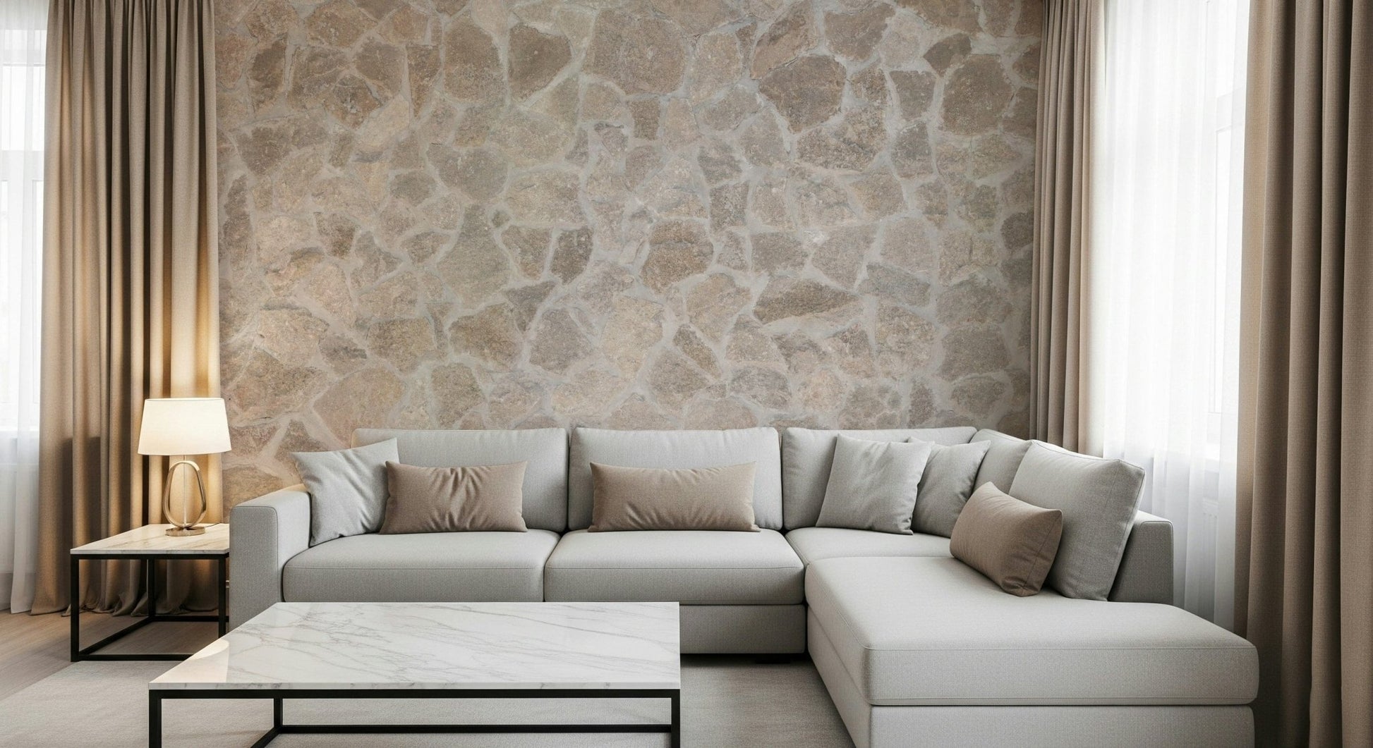 Elegant kitchen backsplash with stone mosaic wall mural.