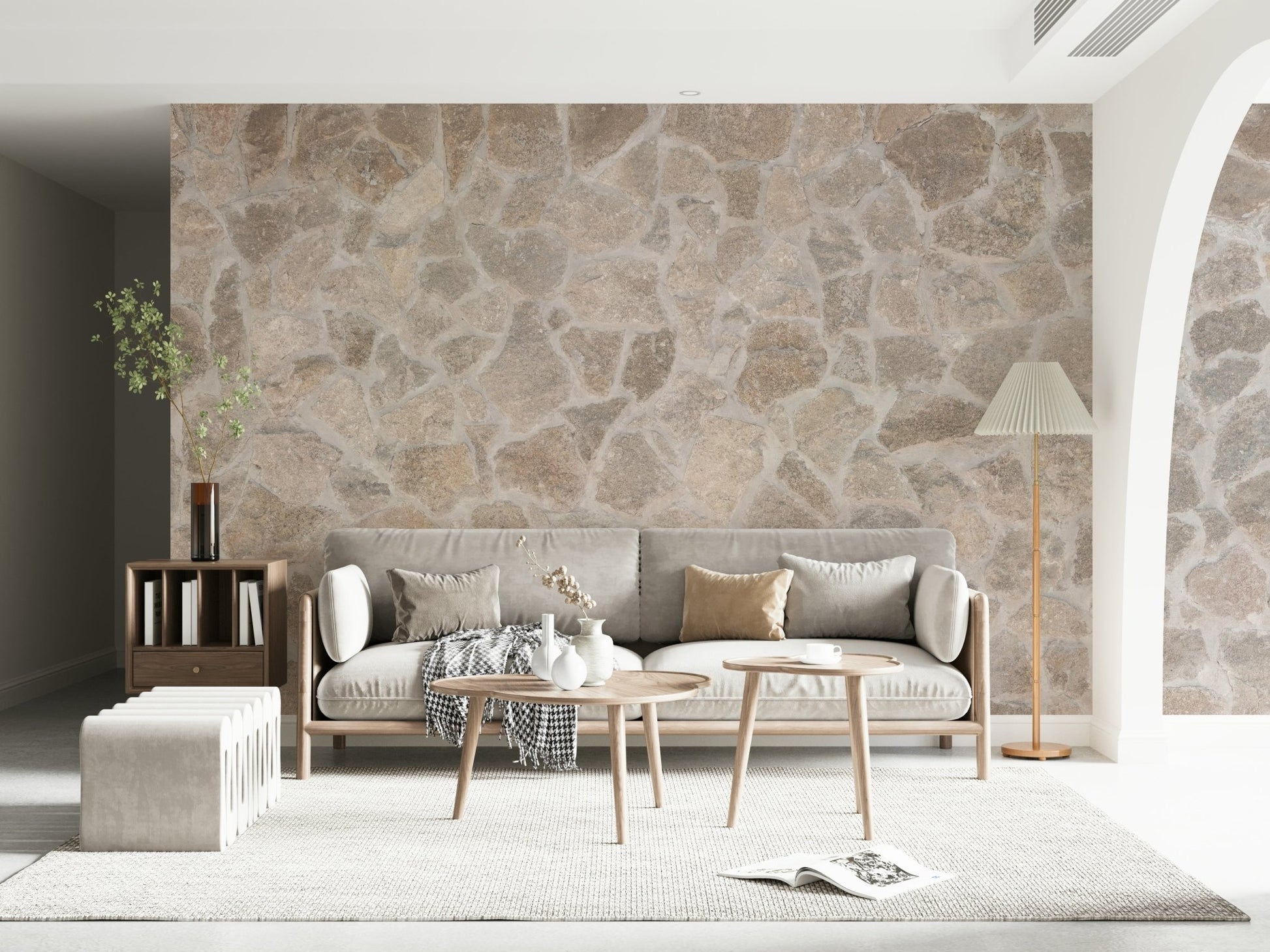 Stone mosaic wallpaper in a contemporary dining area.