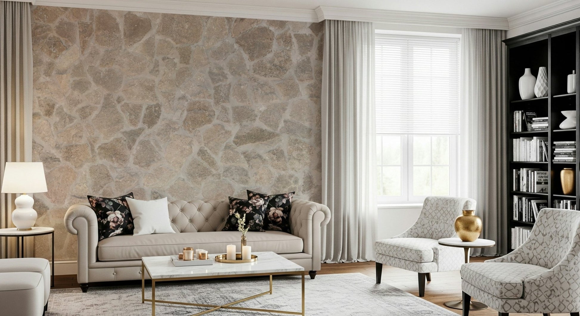 Neutral-toned stone mosaic mural in a hallway.