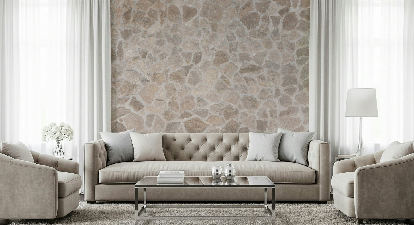 Living room accent wall with stone mosaic wallpaper.