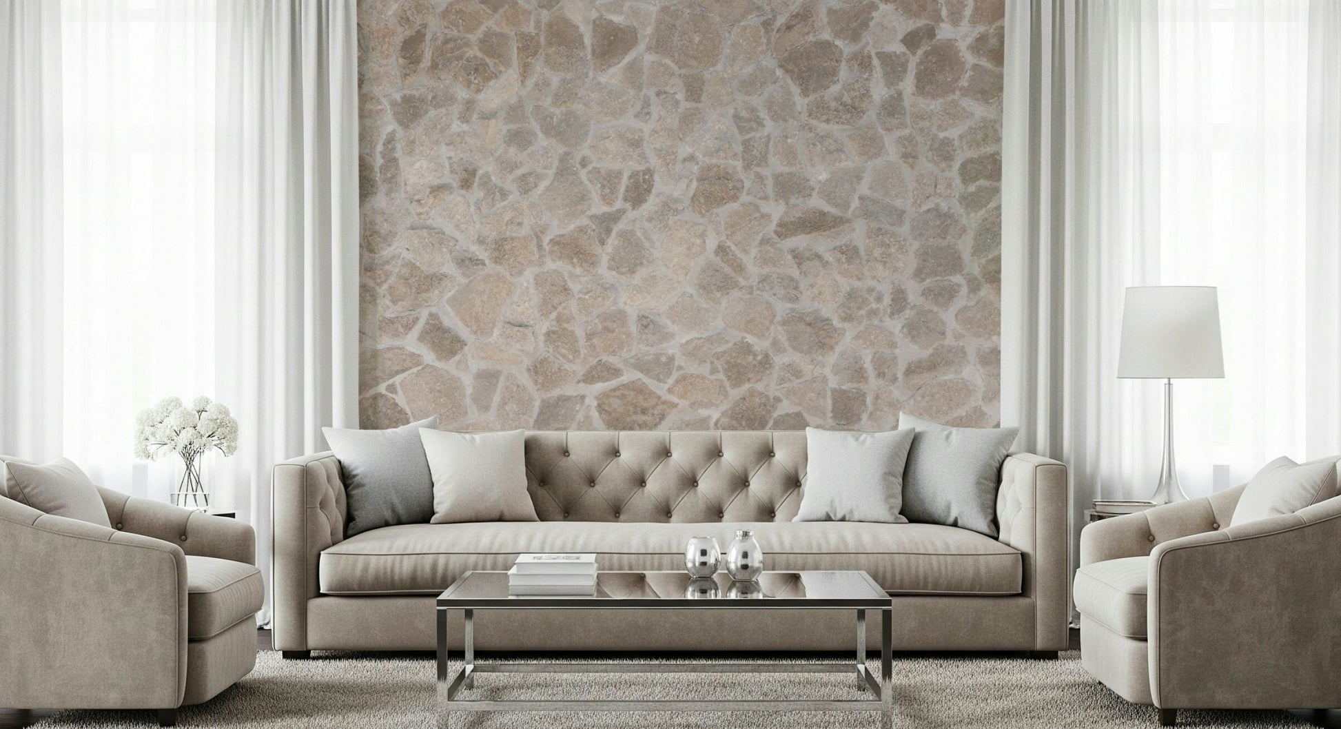 Living room accent wall with stone mosaic wallpaper.