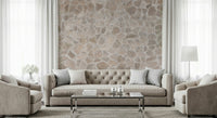 Living room accent wall with stone mosaic wallpaper.