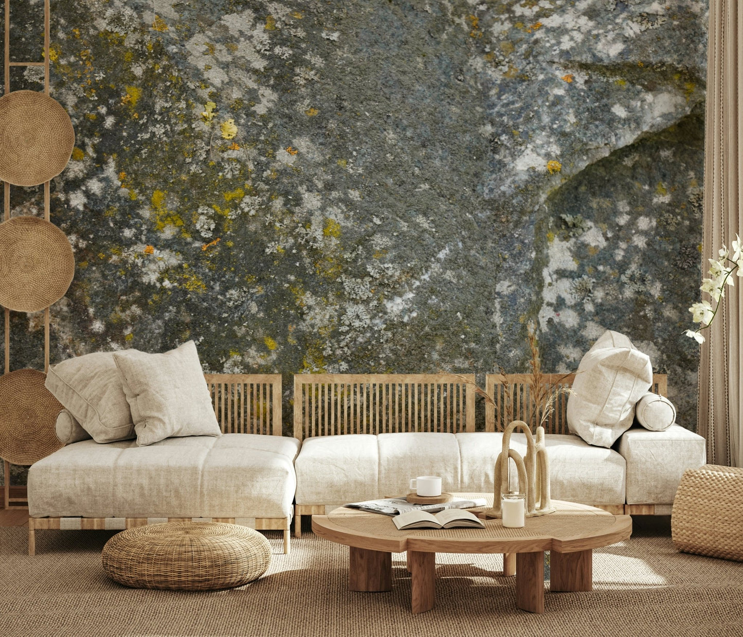 A graceful subtle pattern wall mural in cool, neutral tones.