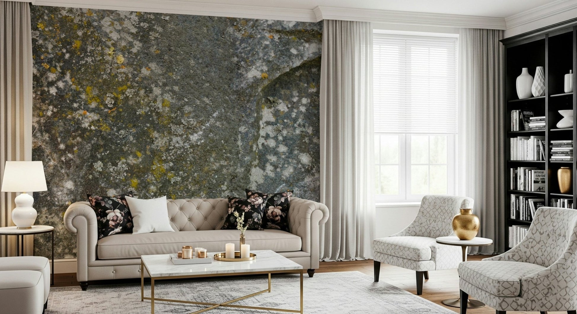 A peaceful modern abstract mural on decorative wallpaper.