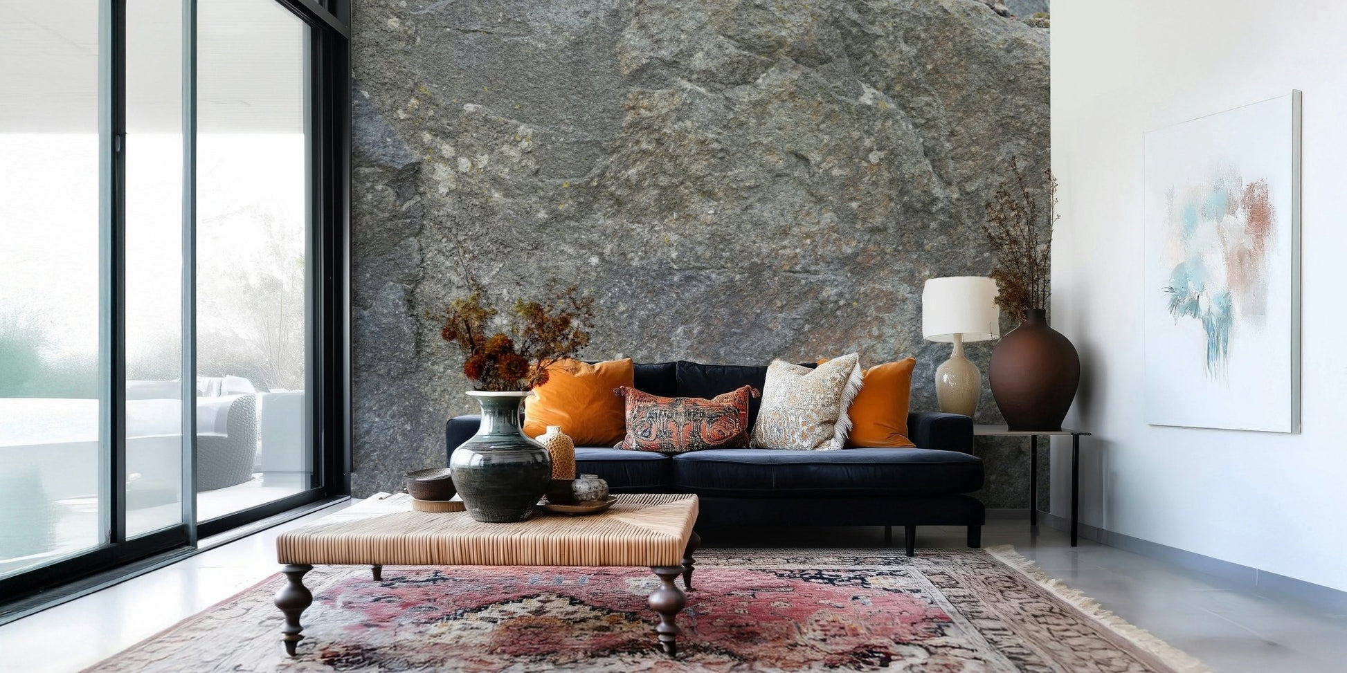 Detail of textured faux stone wall covering., GD6080