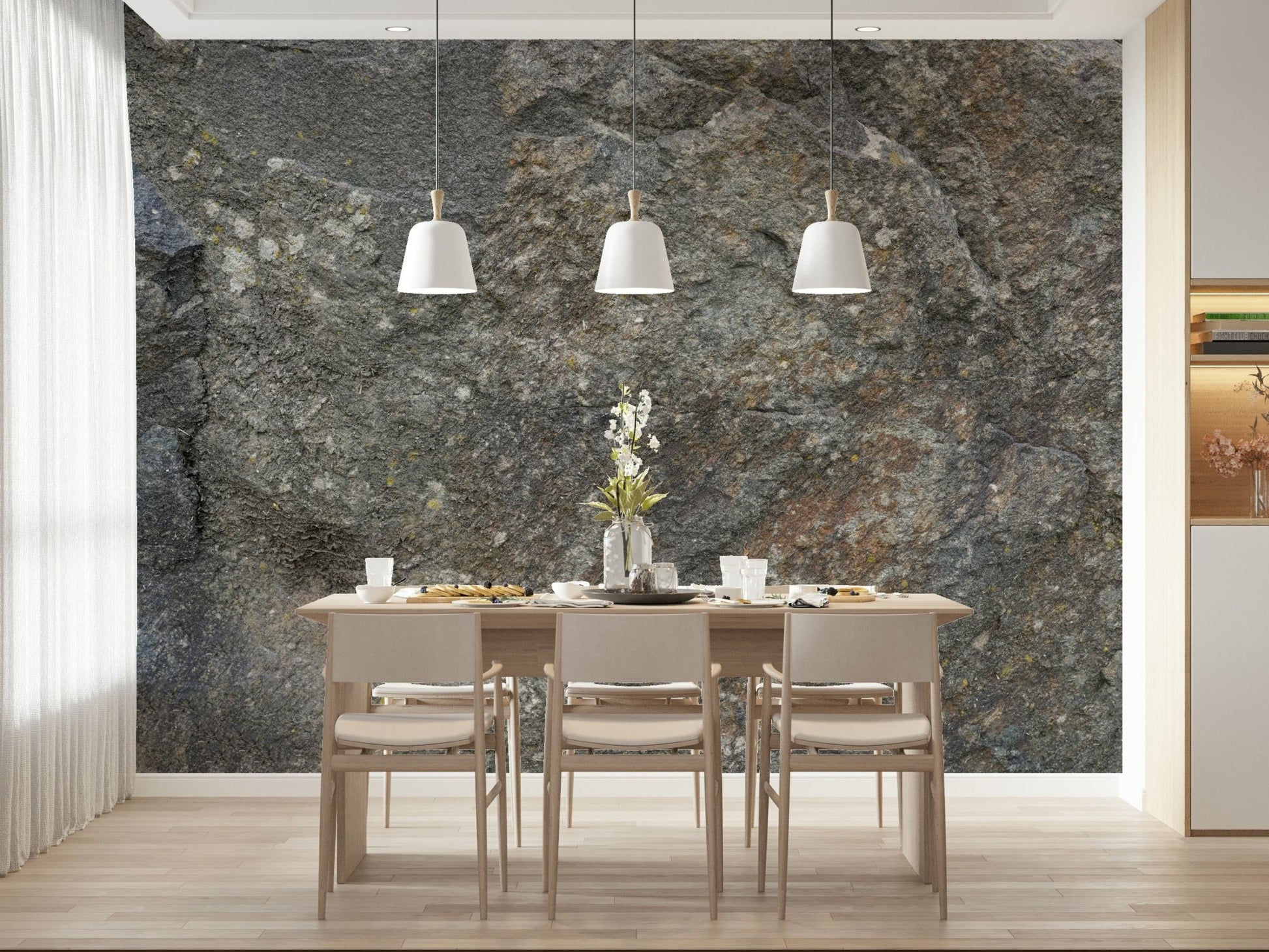 Bathroom feature wall with cool grey stone mural., GD6080