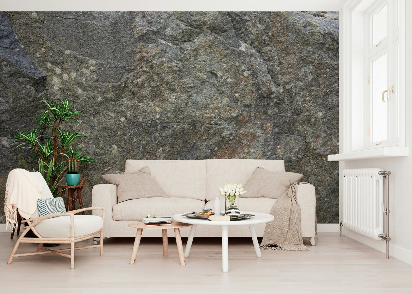 Modern dining room with dramatic stone wallpaper mural., GD6080