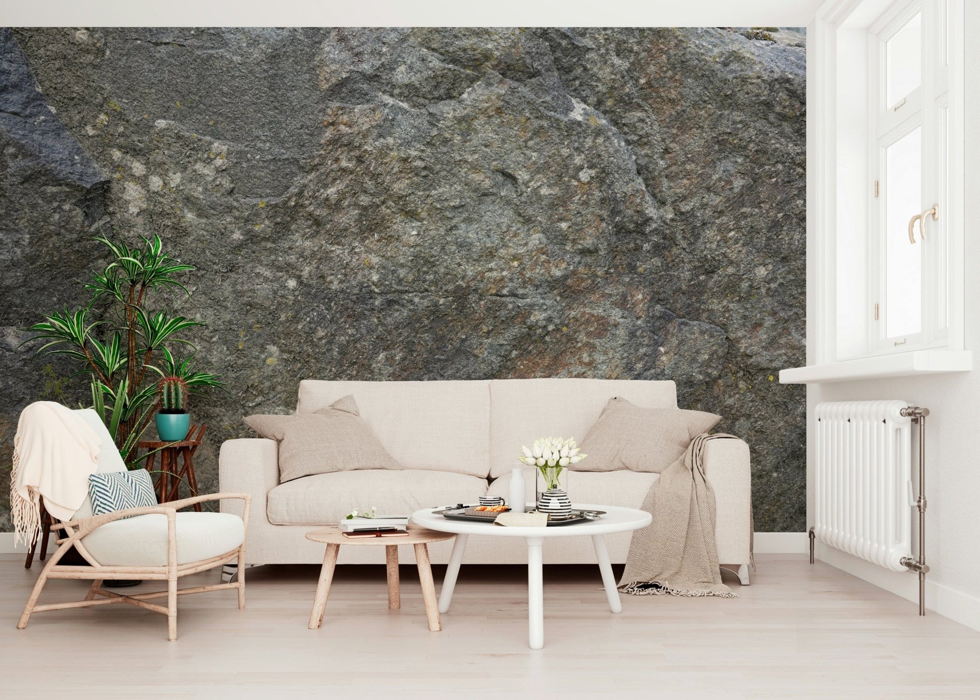 Modern dining room with dramatic stone wallpaper mural., GD6080