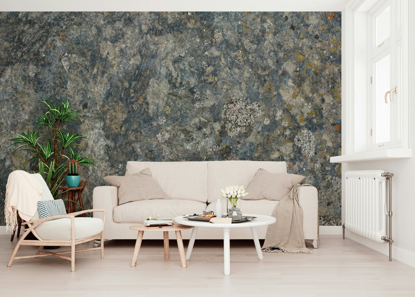 A peaceful modern abstract mural on decorative wallpaper.