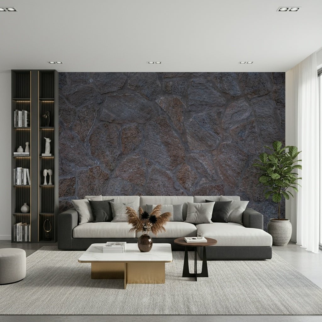 An artistic stoneage texture mural on minimalist wallpaper.

