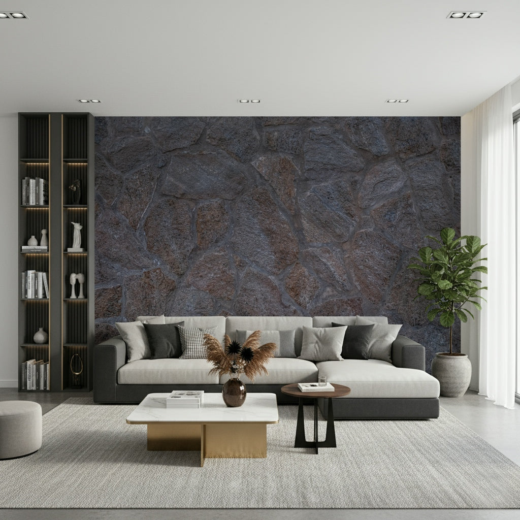 An artistic stoneage texture mural on minimalist wallpaper.

