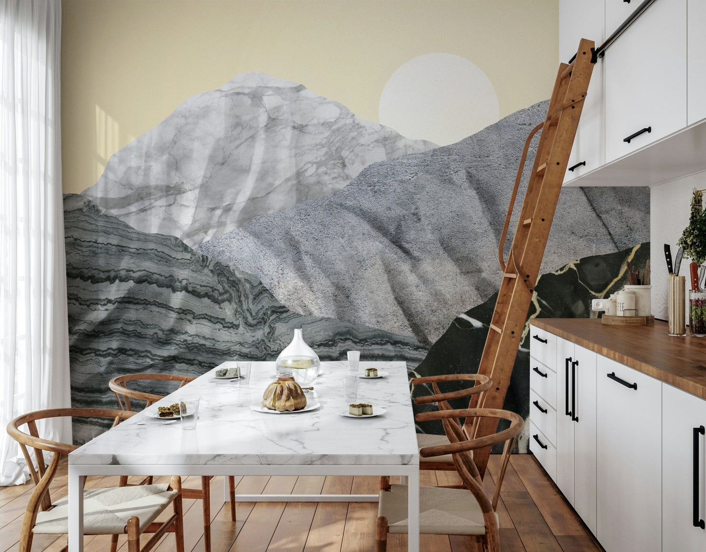 A peaceful modern abstract mural on decorative wallpaper.