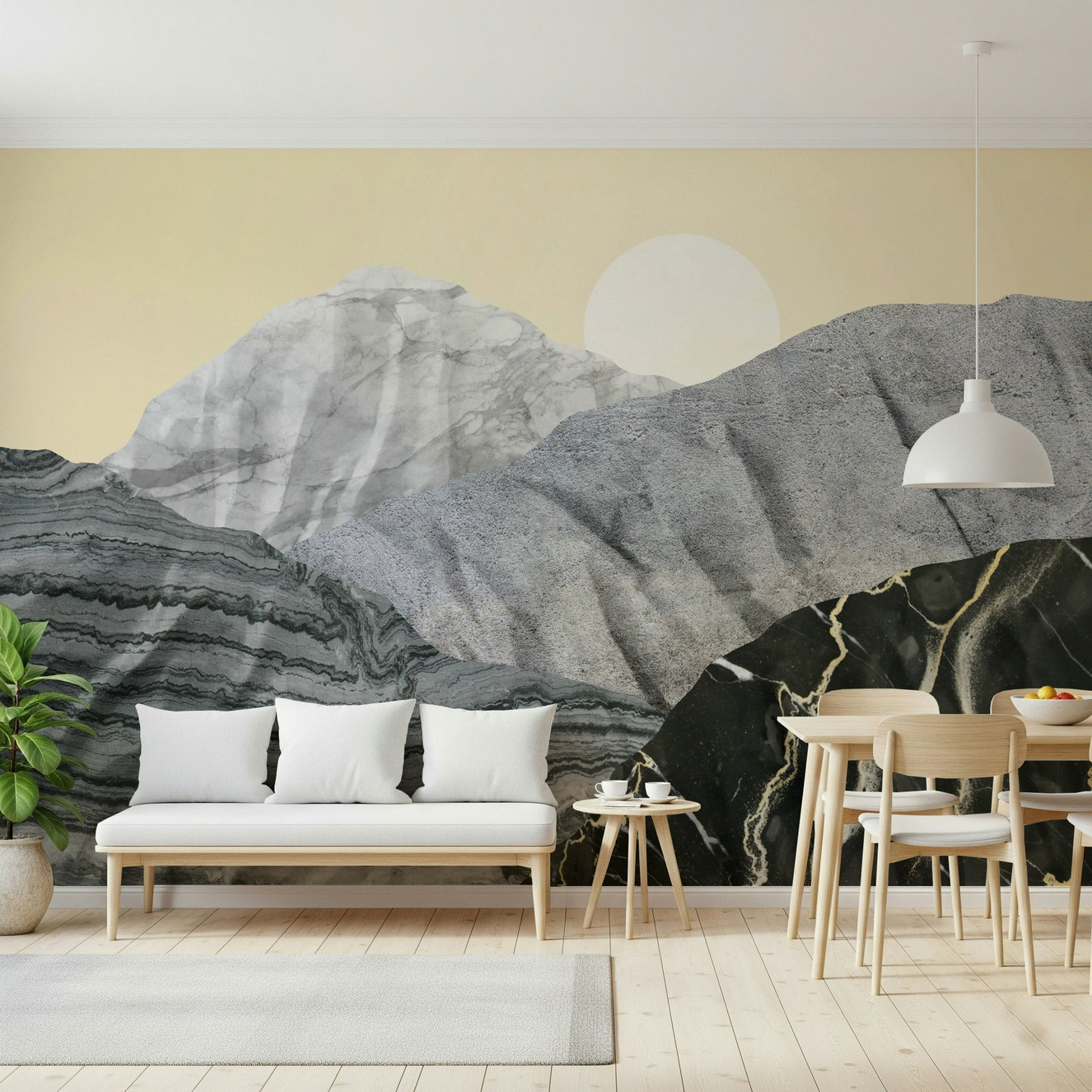 A beautiful abstract stone peak wallpaper mural with a sun or orb design.