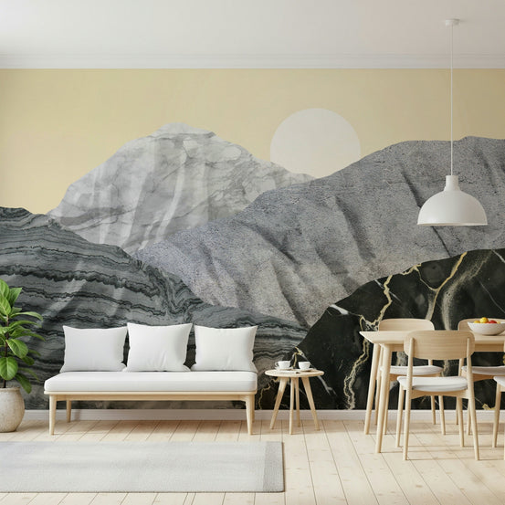 A beautiful abstract stone peak wallpaper mural with a sun or orb design., GD5640