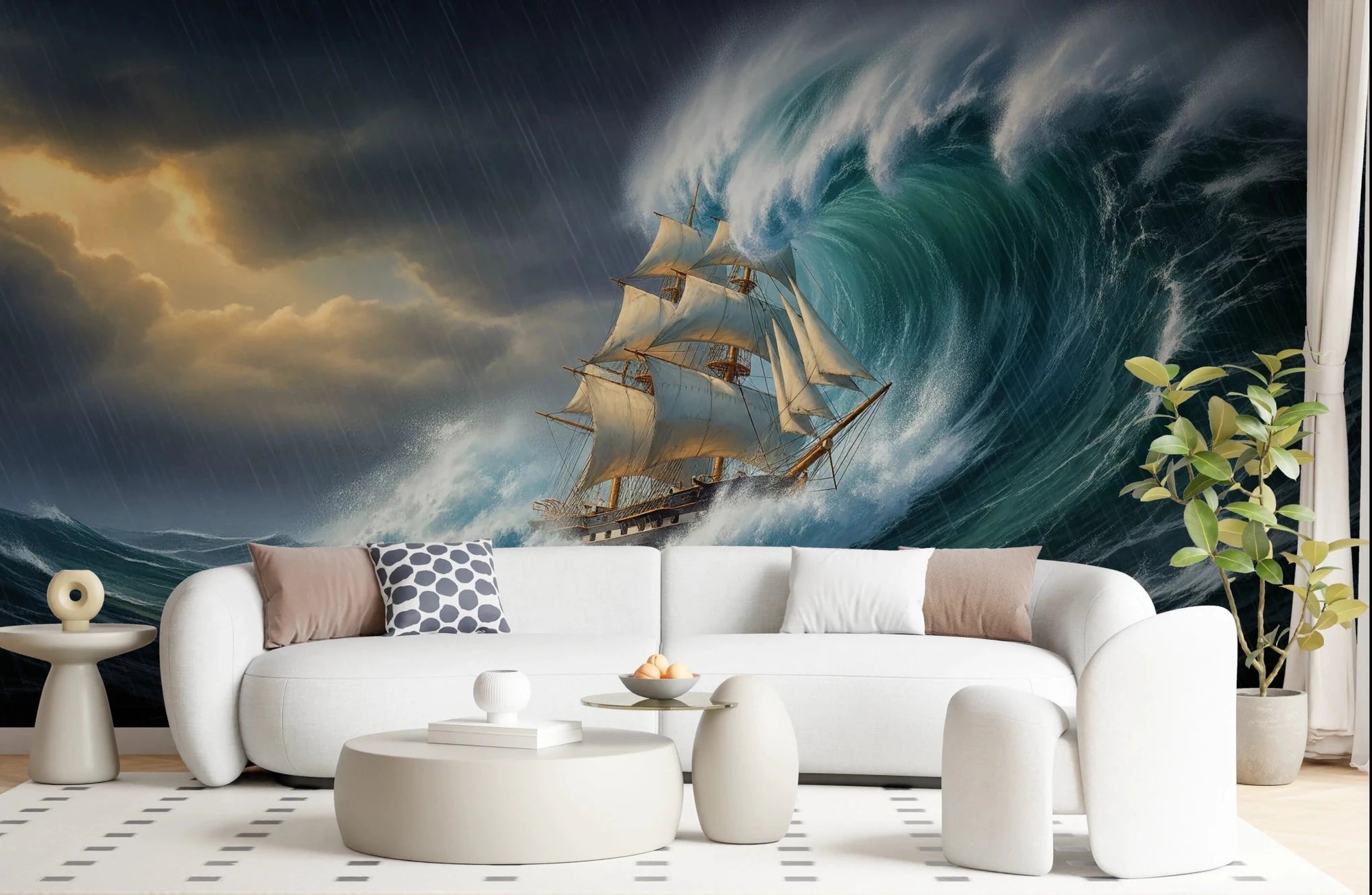 Living room styled with Storm’s Fury wall mural showing ship in crashing ocean wave, GD8570