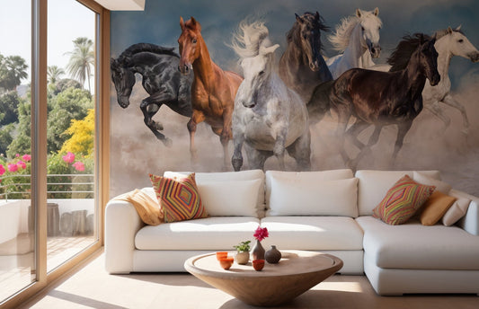 Stormy desert mural with running horses A209
