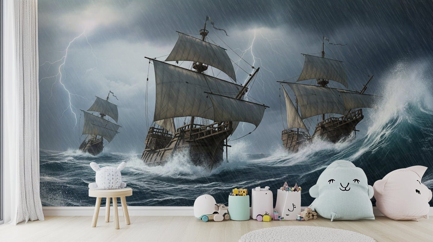 The design features multiple ships sailing on a turbulent ocean.

