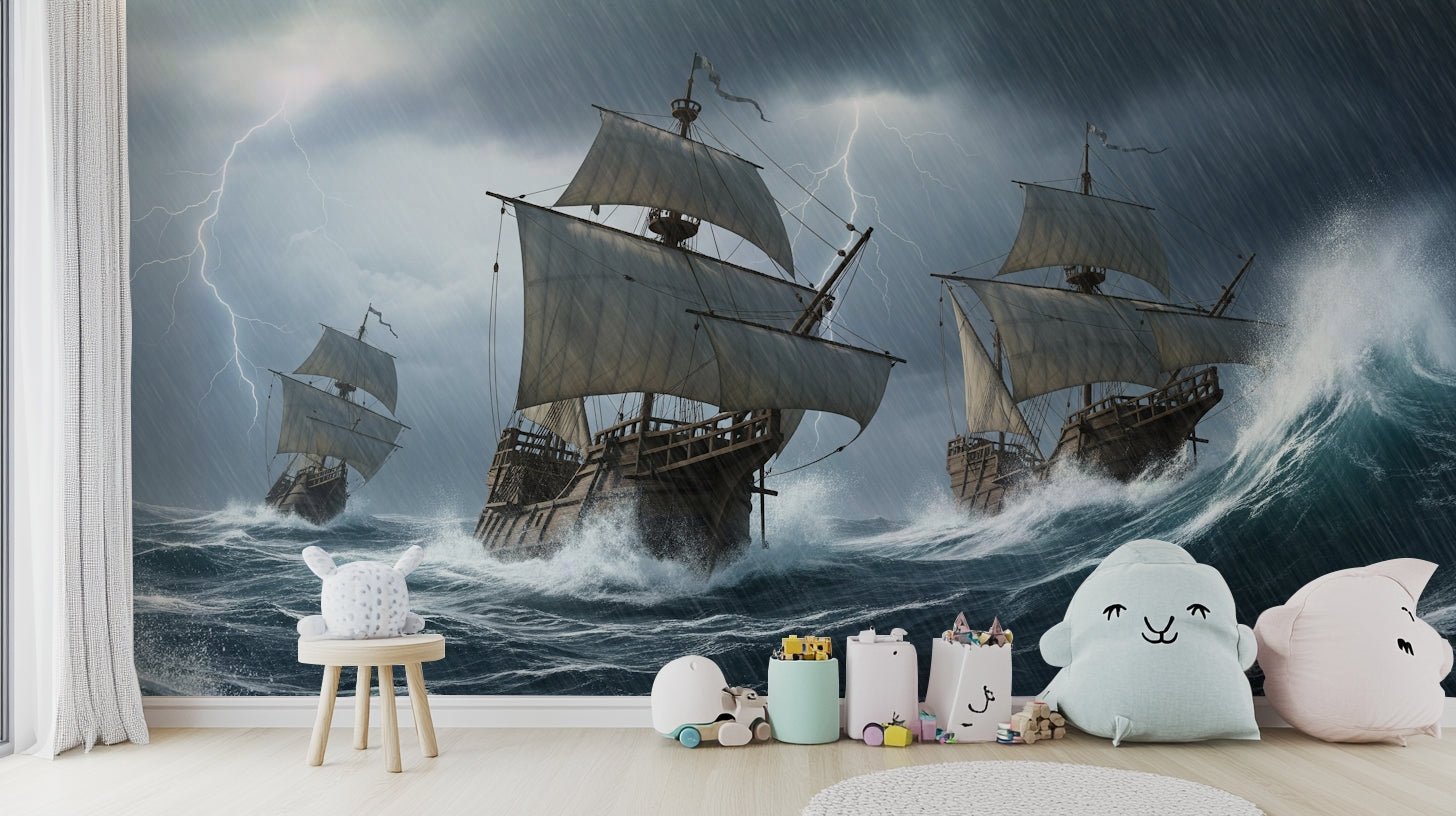 The design features multiple ships sailing on a turbulent ocean.

